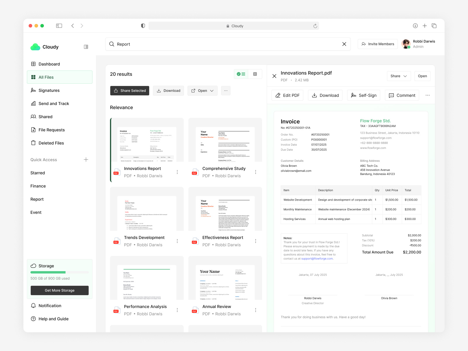 Cloudy - Cloud File Storage Webapp (Search File) cloud dashboard dashboard dashboard design document editor file management file manager file preview file storage grid view list view permission setting saas product saas ui search feature sign document signature app storage analytics storage app storage usage ui design