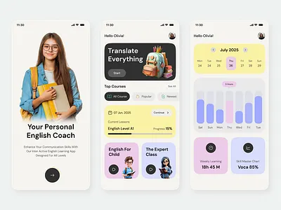 Learning English Mobile App for children app design education language learning language school learning app learning platform mobile app design mobile app ui mobile app ui design online education study