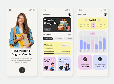 Learning English Mobile App for children app design education language learning language school learning app learning platform mobile app design mobile app ui mobile app ui design online education study
