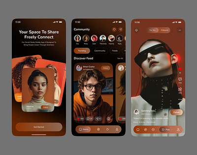 Social Medeia Mobile App Design community app content sharing explore page messaging app minimal ui mobile ui photo sharing post sharing social app social feed social medeia mobile app social media app ui design video sharing