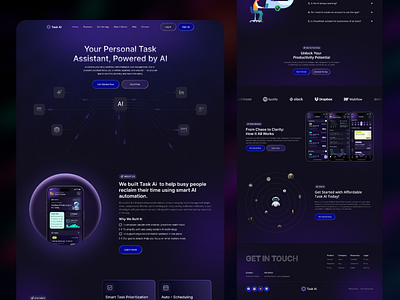 AI Task Management Landing Page ai landing pge creative dsign darkmode design dribbble shots figma design hero section landing page landing page templates minimal design modern web project management saas landing page task management landing page task manager todo app ui uiux landing page ux web design web ui