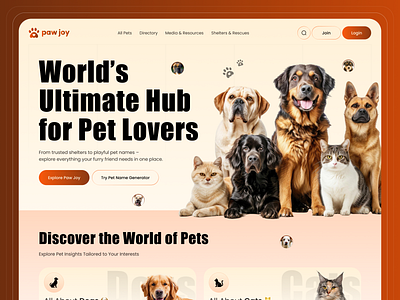 Responsive Website Design for Pet Lovers – Paw Joy branding design dog dog lovers home page landing page pet pet care pet care website pet health pet website pet website ui pets puppy typography web web design web platform design website website design