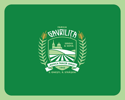 Village Family Crest church corn emblem family crest farm folk green hills illustration laurel logo logomark organic ribbon village wheat