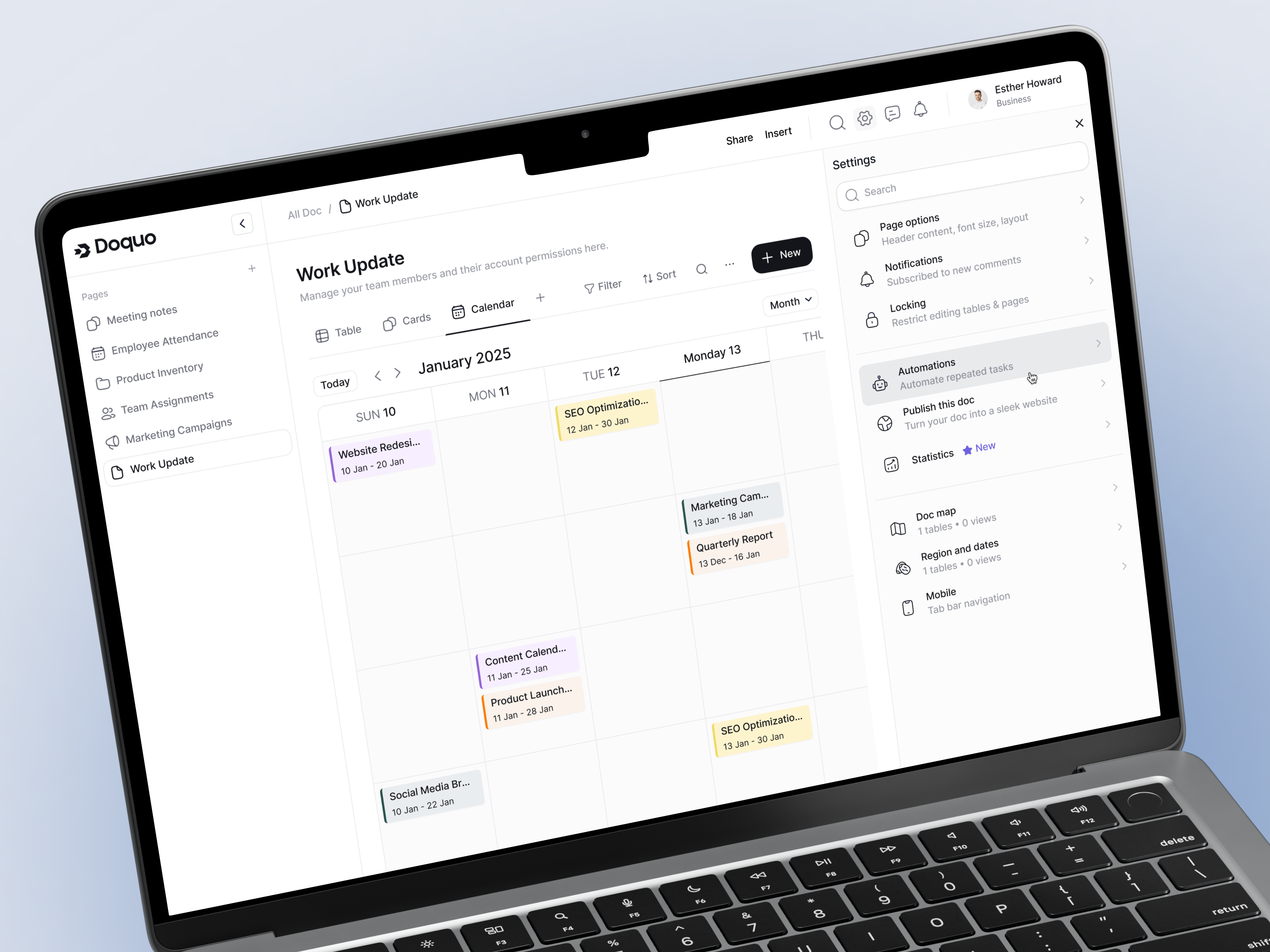 Doquo - Calendar View for Task Management calendar calendar app calendar design calendar ui calendar view clean ui customizable dashboard management progress tracking project management saas task assign task management task tracking task update uiux web design