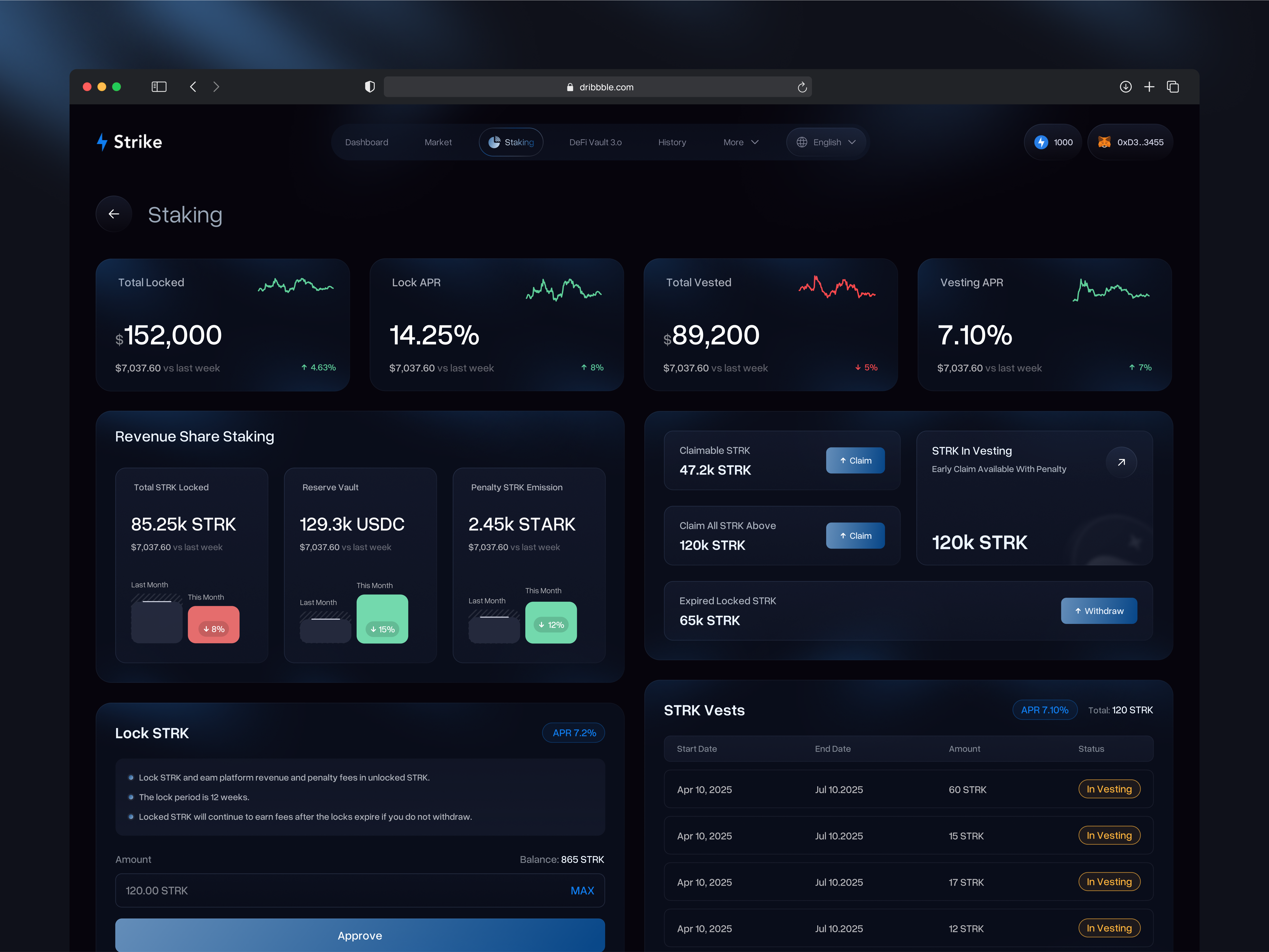 Strike Staking Dashboard – Crypto UX UI blockchain cleandesign crypto cryptodashboard cryptowallet darkui dashboarddesign defi defiplatform financeui fintech modernui stakingdashboard stakingui strk tokenvesting userinterface uxuidesign web3 webappdesign