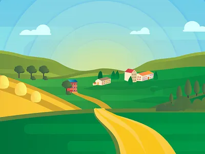 Golden Fields & Green Hills: Flat Design Rural Landscape nature background