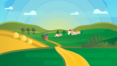 Golden Fields & Green Hills: Flat Design Rural Landscape nature background