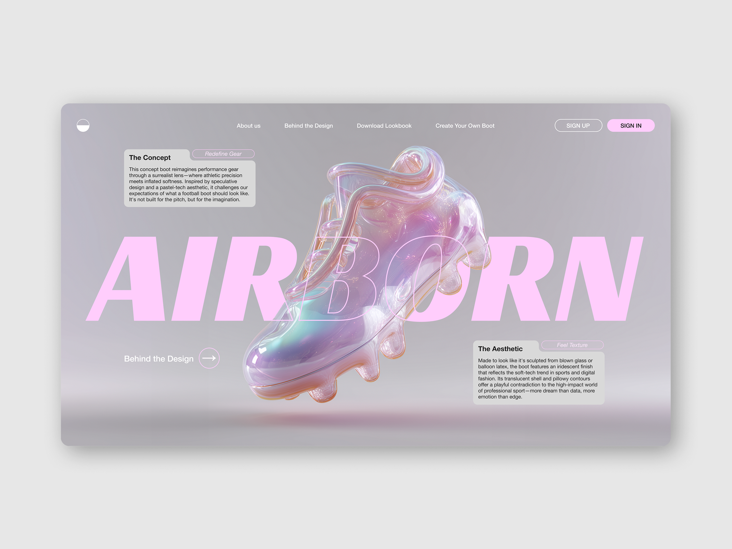 AIRBORN — Soft Tech in Bloom 3d abstract ai b2b balloon branding design editorial design figma football futuristic graphic design midjourney pastel pitch deck design presentation design soft tech sportswear concept ui website