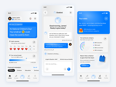 Givekind - Charity Mobile App ai app app design artificial intelligence blue charity chatgpt child community donate donation financial fundraiser fundraising ios kids mobile app non profit social volunteer