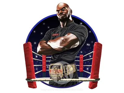 Wrestler Restaurant Mascot Caricature art belt caricature digital art digital illustration food illustration mascot photoshop portrait restaurant ring wrestler