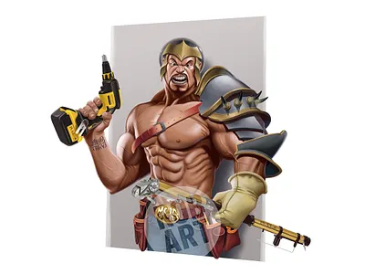 Fantasy Builder Mascot Caricature body builder builder caricature digital art digital illustration drill illustration mascot muscles photoshop portrait