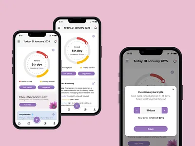 Women's Cycle Tracker App appdesign cycletracking endometriosis femtech figmadesign graphic design healthapp iosdesign madeinfigma medicalapp mobile ui periodtracker ui uxui women