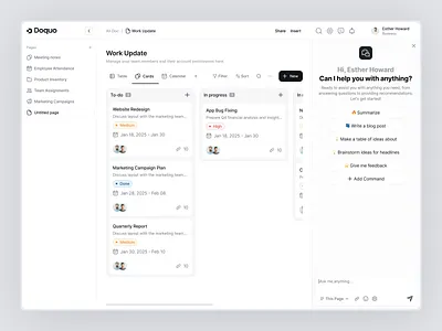 Doquo - AI Chat Bot Design ai ai assistant ai bot ai chat ai chatbot design ai consultant chat bot clean ui creative side bar customise dashboard interaction kanban project management saas task management task update uiux web design workspace