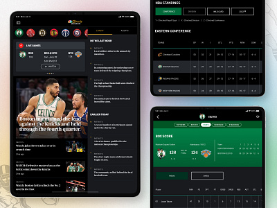 Sports News - Home Page alerts dark theme design ipad live games mbl nba nba standings players score standing sports news team stats ui ux strategy