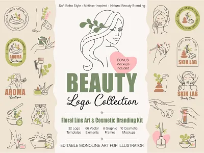 Floral Line Art Beauty Branding Kit beauty brand branding character cosmetics design flat graphic design illustration line art logo monoline art outline skin care vector woman