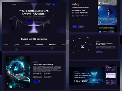 AI Task Management Landing Page ai design ai ux creative dark mode ui dark them design design inspiration figma design future of design interaction design interface design landing page design minimal design modern ui product design saas design smart ux tech ui ui design ux design web design