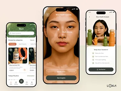 Skyn – Gentle Intelligence for Radiant Skin ai analysis app appdesign designwithai futureofskincare mobile modernui product design selfcareroutine skincare skincareapp ui ux uxui wellnesstech