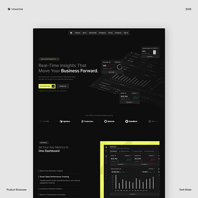 Unsomnia SaaS Landing Page analytics dark mode dashboard figma interface landing page saas startup ui uidesign
