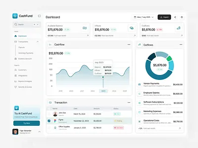 CashFund — AI-Powered Finance Dashboard UI ai animation balance business cashfund dashboard finance financeapp fintech inflows insight invoices marketing operational outflows powered reports salary subscriptions transactions