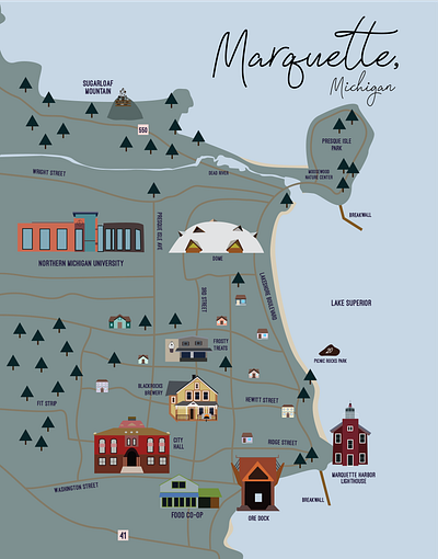 Marquette, MI illustration map marquette mi