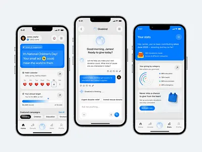Givekind – AI-Powered Donation App UI ai app charityapp donation donationapp dpopstudio emotional givekind glassmorphism habittracker minimalist mobile ui seumorphism social impact