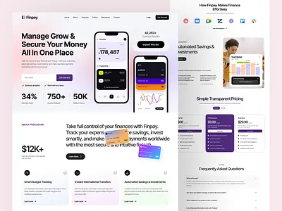 Fintech Landing Page Design banking ui clean ui design figma designer finance app finance landing page finance management finance saas financial app ui financial dashboard financial platform fintech fintech landing page fintech product fintech ui fintech website mobile banking app modern fintech payment app design saas landing page uiux designer