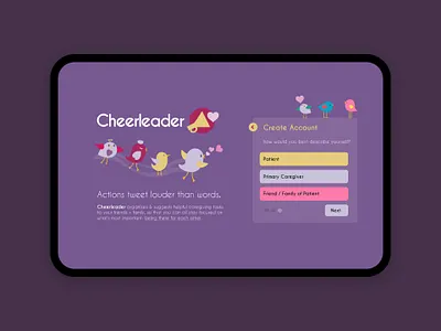 Cheerleader - Tablet App Onboarding akshay care caregiving cheerleader collaborative dinakar illustrator tablet uiux