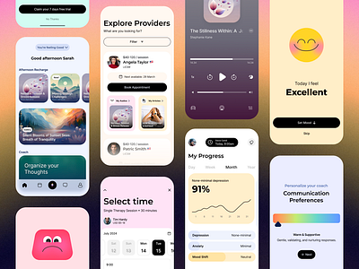 Mental Health App ai app appointment audio book branding chart chat flat graphic design icon illustration ios list mood podcast progress therapists tracker ui