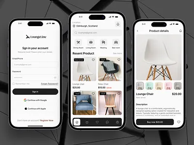 🪑✨ LoungeLine – Chair Shopping App UI dribbble furnitureapp loungeline mobiledesign uidesign