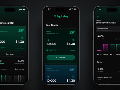 EquityPay: Mobile App Early Drafts dark theme equity finance ios mobile app ui