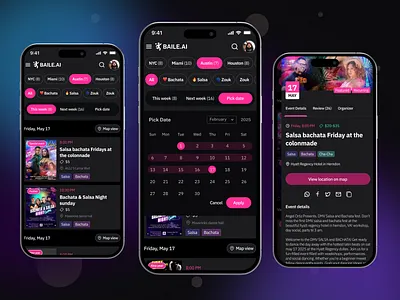Dance event responsive design app design bachata calendar view dance event dance event app dance style date and time event details filter home page hotel app map view mobile responsive region responsive design ui uiux usa state user experience web design