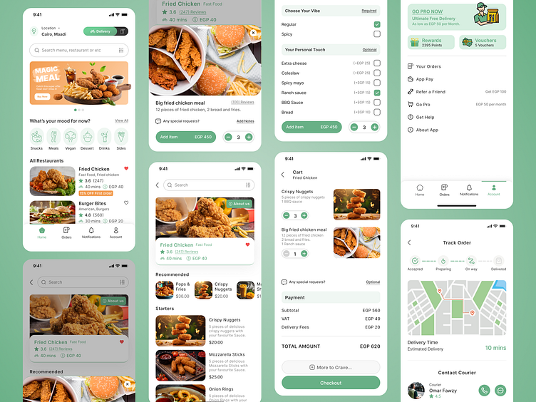 Food delivery mobile app UI design with restaurant ordering screens cart checkout and delivery tracking
