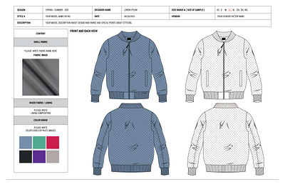 MEN'S BOMBER JACKET TECHPACK TEMPLATE 2d drawing 2d illustration apperal design drawing flat sketch graphic design tech pack technical illustration techpack
