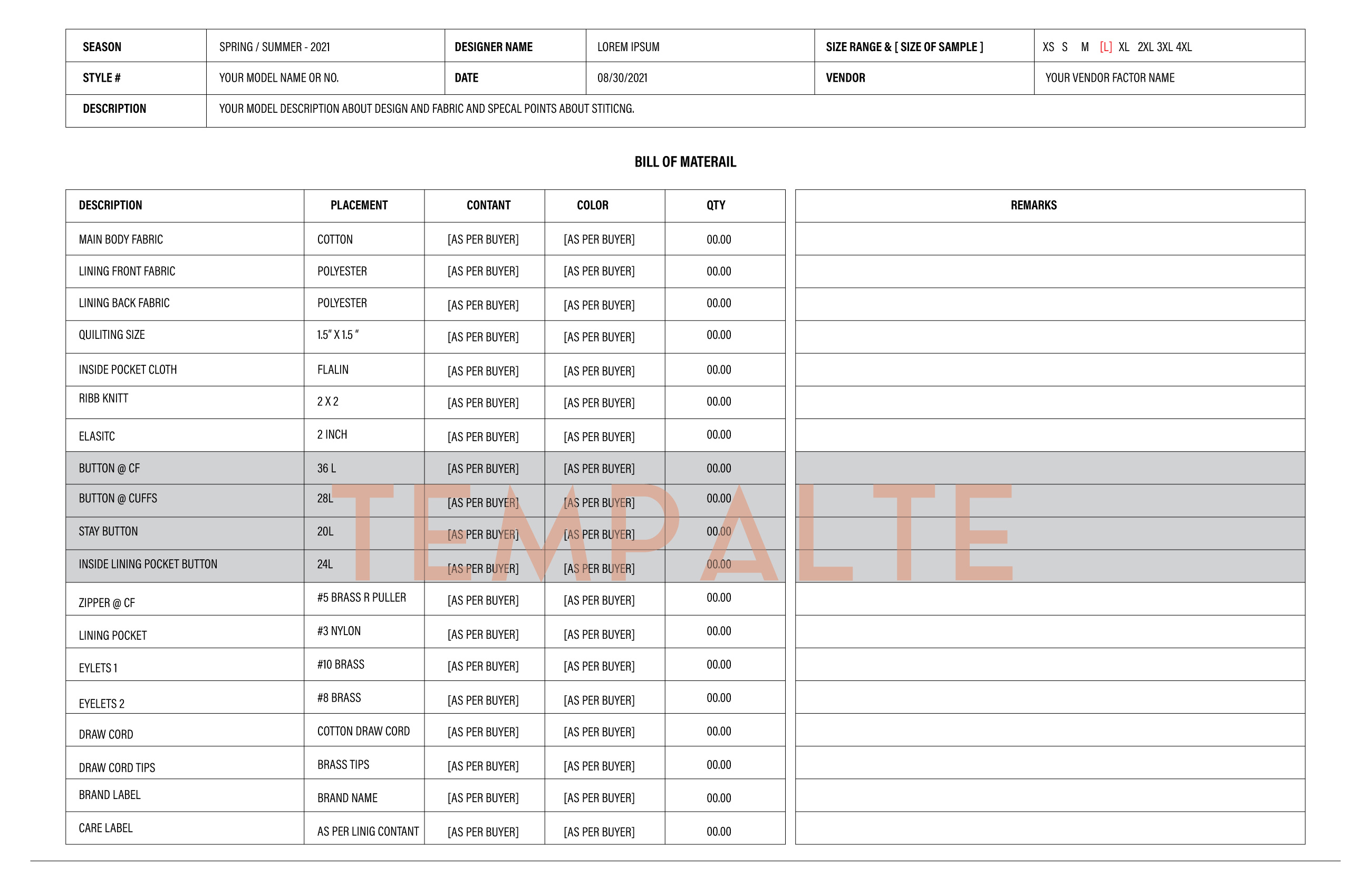 Example of Apparel & Clothing Tech Pack