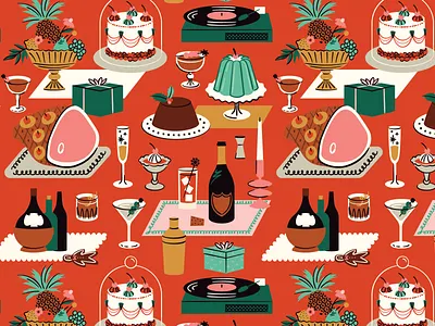 Festive Fete Holiday Pattern art cake champagne christmas cocktail dessert feminine holiday illustration invitation licensing mid century office party pattern surface pattern vintage