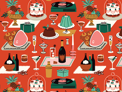 Festive Fete Holiday Pattern art cake champagne christmas cocktail dessert feminine holiday illustration invitation licensing mid century office party pattern surface pattern vintage