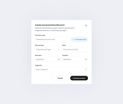 Create Promotion/Discount Modal - Admin Action admin actions admin dashboard admin modals create discount create promotion design discount code modal modal design modals ui design ui ux web ui