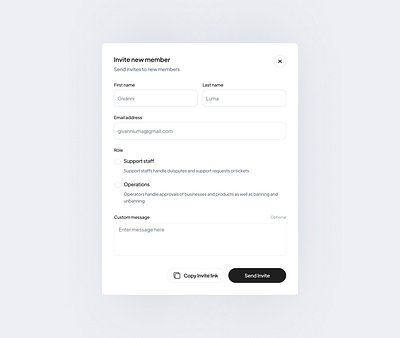 Invite New Member Modal admin actions admin dashboard admin teams invite new member invite team member modal modals team management teams ui design web page