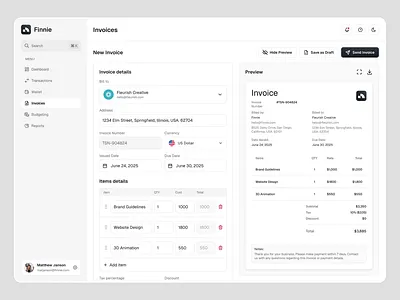 Finnie - Payment Invoices ai budgeting business card ui clean dashboard finance fintech investment invoice modern payment saas technology transaction transaction history ui ux wallet website