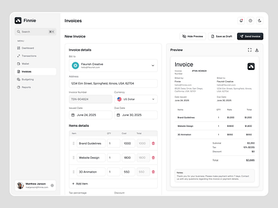 Finnie - Payment Invoices ai budgeting business card ui clean dashboard finance fintech investment invoice modern payment saas technology transaction transaction history ui ux wallet website