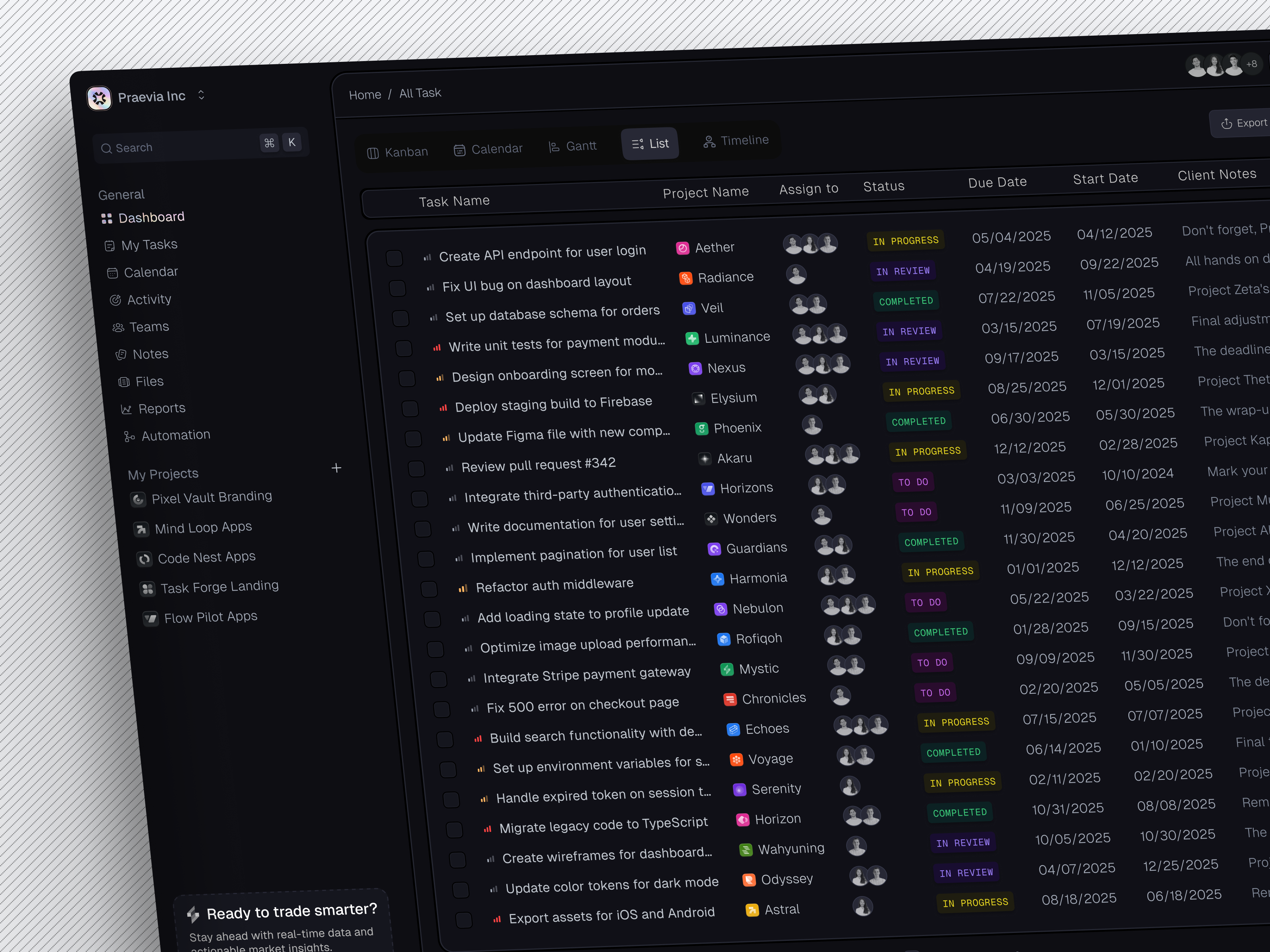 Praevia - Task Management Dashboard - List View dashboard dashboard design kanban management management app prioritization productivity progress tracking project management saas side peek sidepeek task task management task management dashboard task tracking team activity time management todos workload