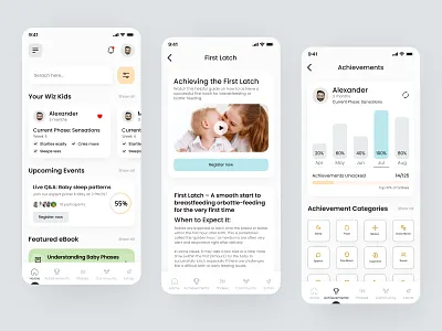 Baby Care & Parenting App Design accessible design activity tracker baby milestones baby tracker chievement badges childcare ui daily planner app family health feeding log figma design health app kids app kids care minimal ui mobile ux design parenting app pastel ui sleep temperature monitor
