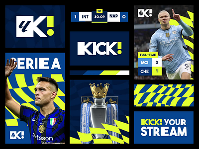KICK! : Football Streaming - Visual Identity animation brand book brand guidelines branding corporate identity football football streaming graphic design graphic element health logo motion graphics pattern soccer social media sport sport branding streaming platform typography visual identity