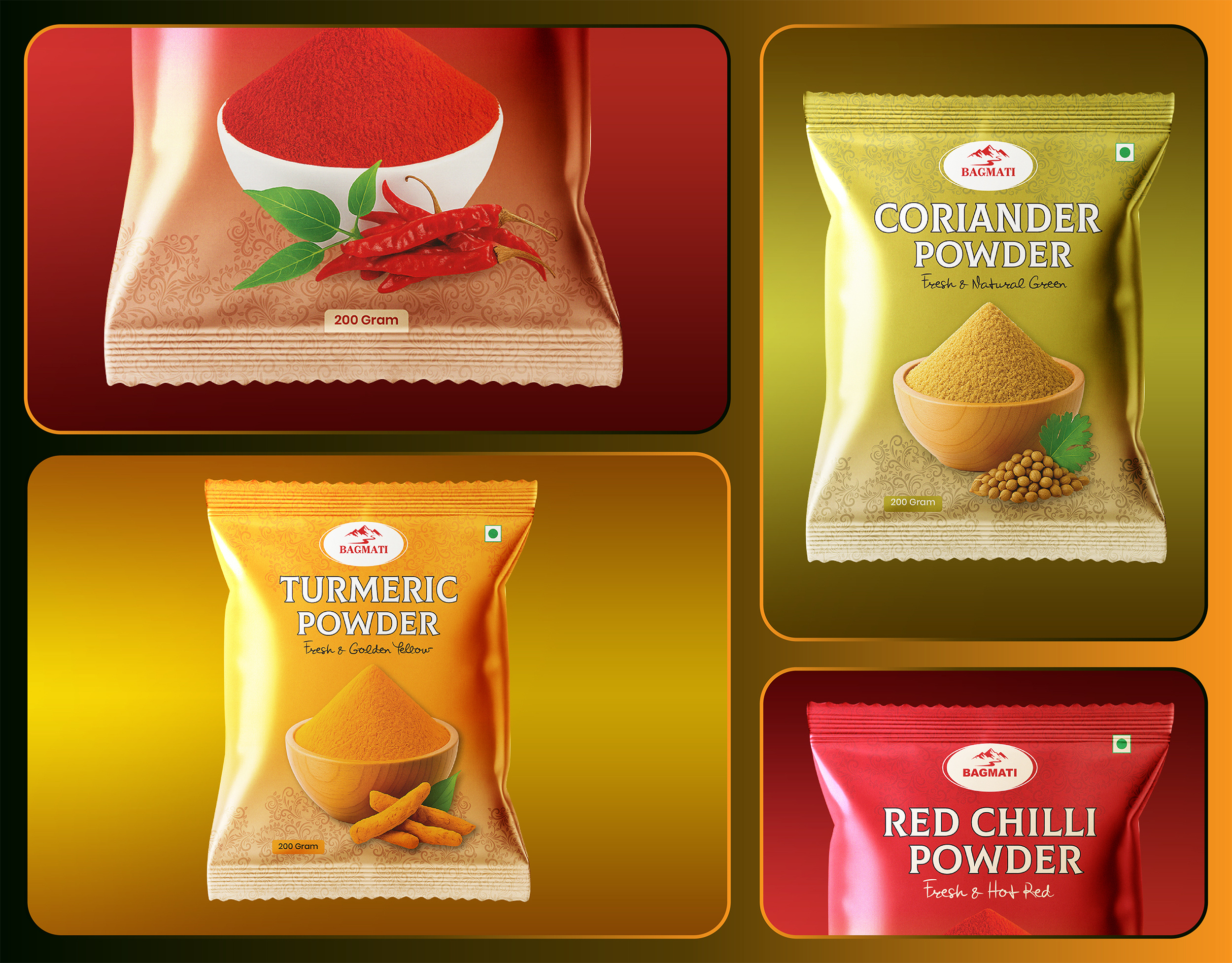 Chili, Turmeric & Coriander Powder Packet Design chili design new chili packaging