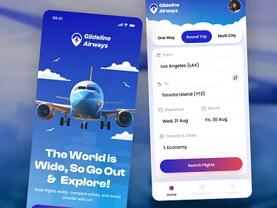 Flight Booking App UI Design Concept – Glideline Airways airline app app design boarding pass branding flight app flight booking flight booking app flight booking ui flight schedule ui flight search flight ticket flights illustration mobile online booking travel app travel ui trip booking typography ui design