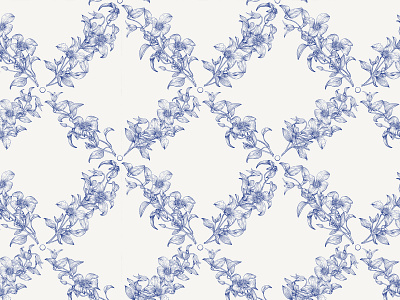 Toile art seamless pattern Clematis flowers. Hand drawn blue botanical background cellular clematis design engraved floral ornament floral pattern flowers graphic design graphics hand drawn illustration monochrome seamless pattern toile vector vintage wedding decor wedding pattern
