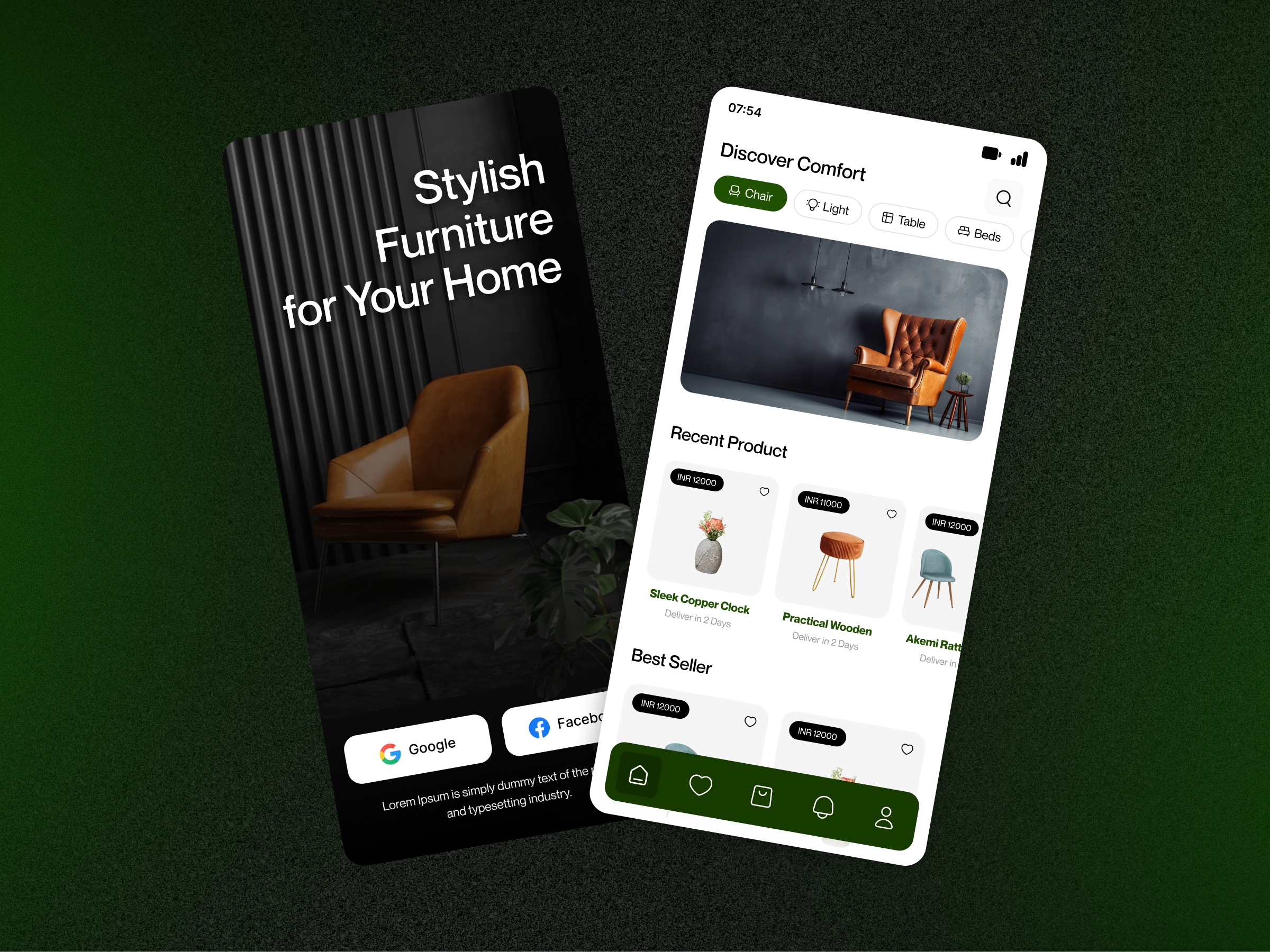 Modern Furniture App Screens– Home & Login UI appdesign appinterface appscreens cleandesign dribbbleshots figmadesign furnituredesign furnitureux homescreen loginscreen minimalui mobileappui modernui ui uiux userexperience