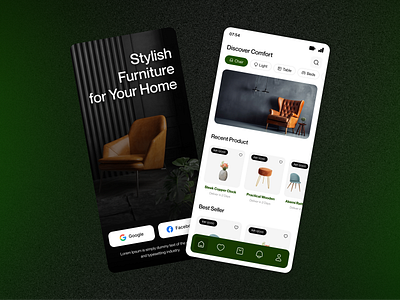 Modern Furniture App Screens– Home & Login UI appdesign appinterface appscreens cleandesign dribbbleshots figmadesign furnituredesign furnitureux homescreen loginscreen minimalui mobileappui modernui ui uiux userexperience