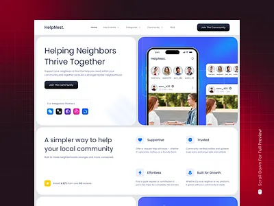 Community Landing Page clean ui community engagement community support help platform item exchange landing page design local community local events minimal aesthetic mobile friendly modern design neighborhood app real time help responsive layout simple navigation social impact support network trust building user centered volunteer matching