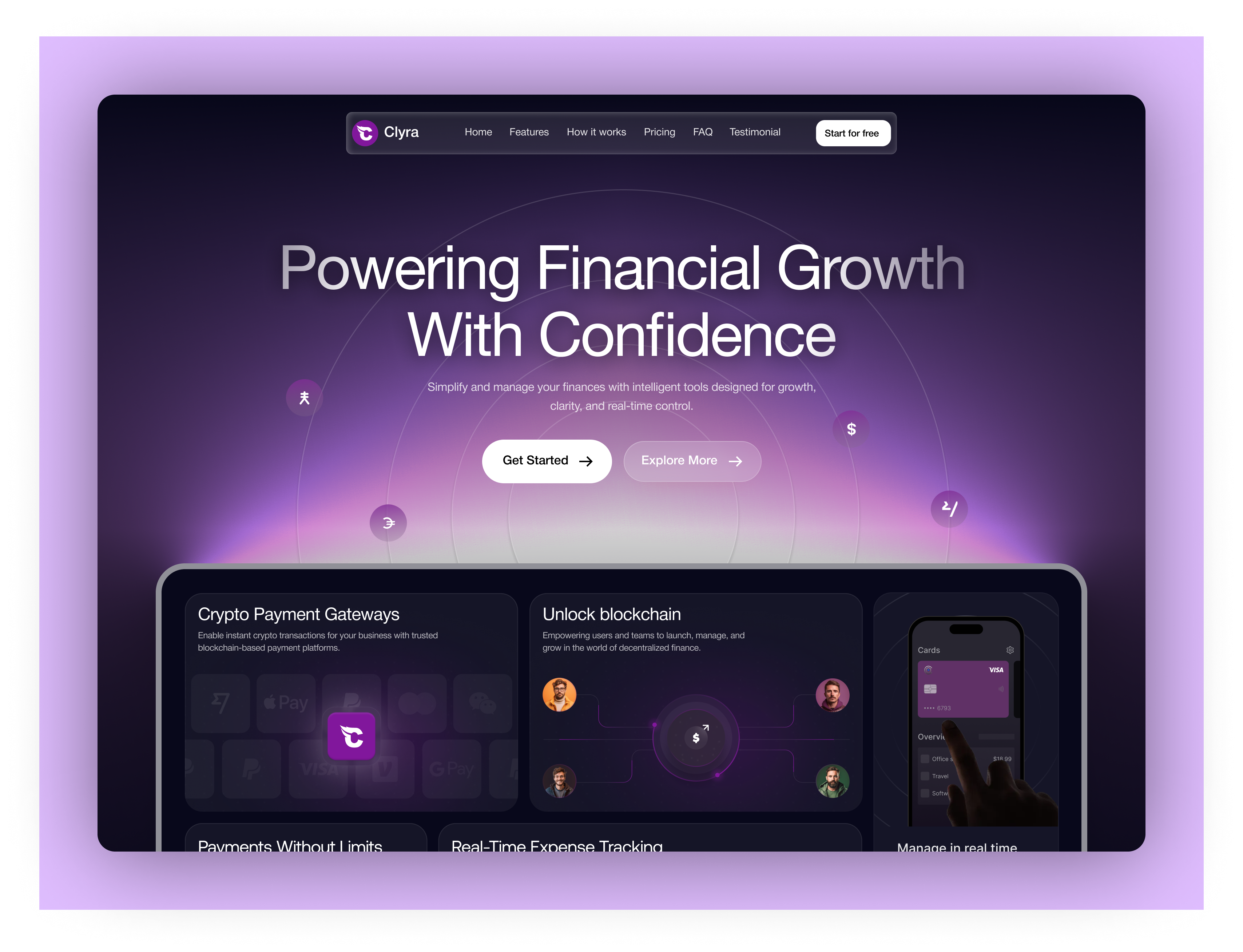 Finance Landing Page banking clean crypto currency finance fintech landing page minimal modern design oripio product design saas saas landing page saas website ui design ux design wallet web design website